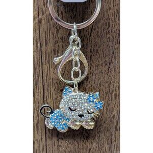 UP Crystal Collection Gold & Blue Rhinestone Kitty Purse Charm  Cute Gift Access